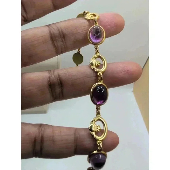 Vintage Inspired Amethyst Cabochon Gold Plated Link Bracelet Elegant & Timeless - Picture 5 of 7